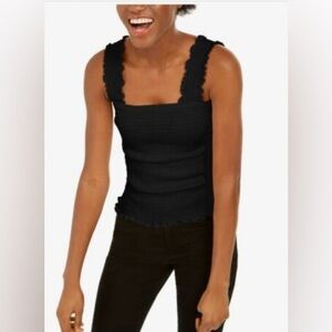 NWT INC International Concepts Smocked Ruched Square Neck Tank Top Black XXL